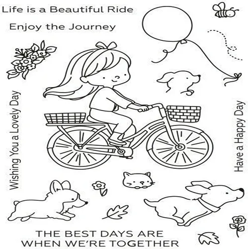 Vista 6 de Girl on Bike - Juego de sellos y troqueles transparentes para hacer tarjetas, plantillas cortadas para álbumes de recortes, álbum de fotos, papel