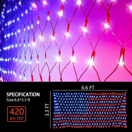 Vista 2 de Luces de bandera estadounidense, 420 luces LED de red de bandera de Estados Unidos, decoraciones del 4 de julio, decoración patriótica impermeable