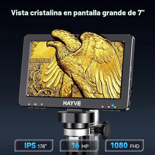 Vista 2 de Hayve 7" IPS Microscopio Digital 1200X DM9 Microscopio Moneda con Luces Sensor de cámara de 16 MP, 10 luces LED, control remoto con cable