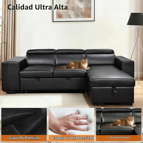 Vista 3 de THSUPER Sofá Seccional Reclinable de Cuero en Forma de L de 102 pulgadas con Cama Extraíble y Chaise de Almacenamiento, Sofás con Chaise Reversible