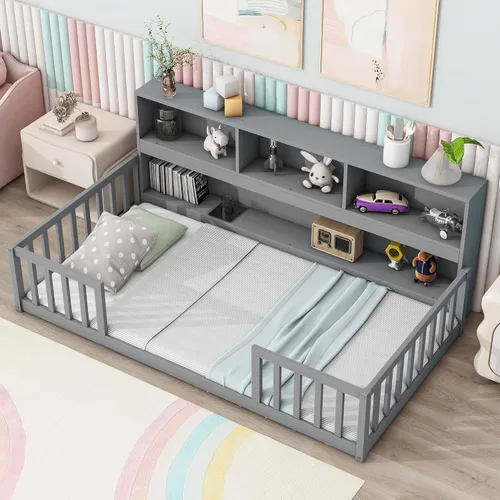 Vista 26 de Cama juguetona en forma de casa de tamaño matrimonial con estantes y luces, marco de cama de metal con techo para niños, adolescentes y adultos, un