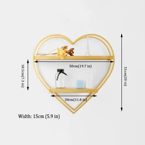 Vista 3 de Estantes de pared flotantes en forma de corazón de metal de 2 niveles para dormitorio (oro, 19.7 x 5.9 x 20.1 in)