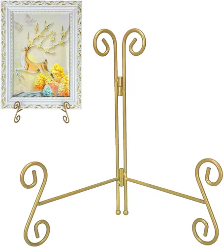 Vista 9 de Soporte de placa dorado de 6 pulgadas, soporte de placa de hierro plegable para exhibición, caballete de exhibición plegable para fotos, fotos