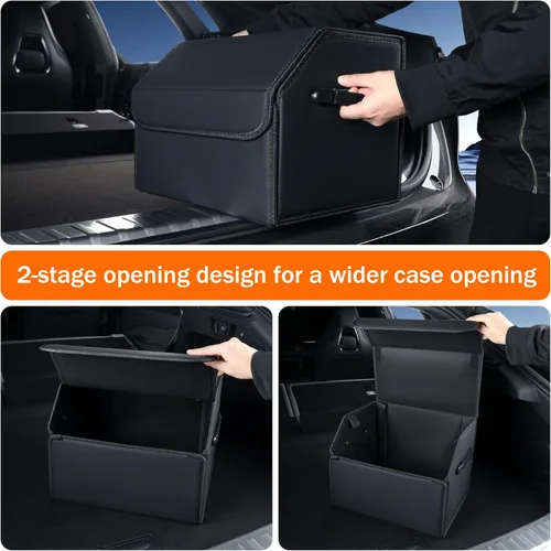 Vista 6 de Organizador de maletero, organizadores y almacenamiento de automóviles, caja de almacenamiento de cuero negro con tapa, tablero de fibra, plegable