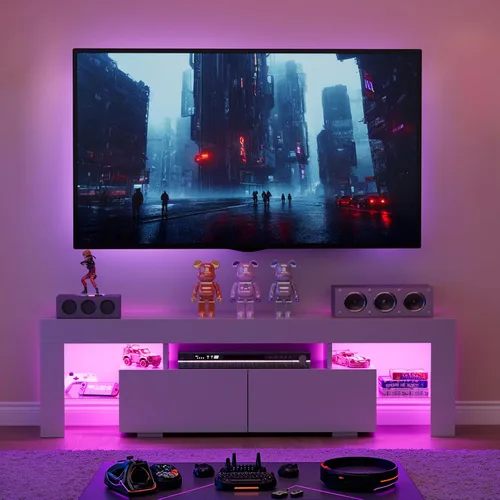Vista 7 de YESHOMY Moderno soporte de TV LED para sala de estar con estantes de vidrio y cajón, centro de entretenimiento para dormitorio con múltiples modos