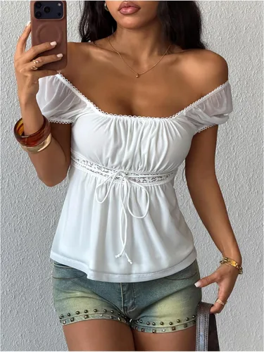 Vista 3 de SOLY HUX Blusa de verano de manga corta para mujer Blanco sólido