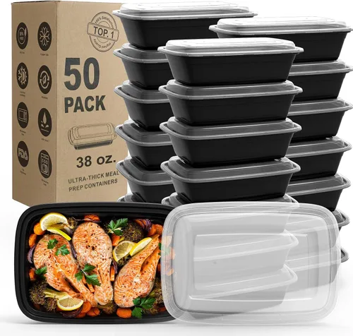 Vista 9 de WGCC Recipientes para preparación de comidas, paquete de 50 recipientes de almacenamiento de alimentos extragruesos con tapas, lonchera Bento