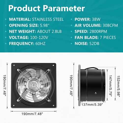 Vista 3 de HG Power Ventilador de escape de 15.2 cm con interruptor, potente ventilador de escape de cocina con amortiguador, ventiladores de escape de ventana