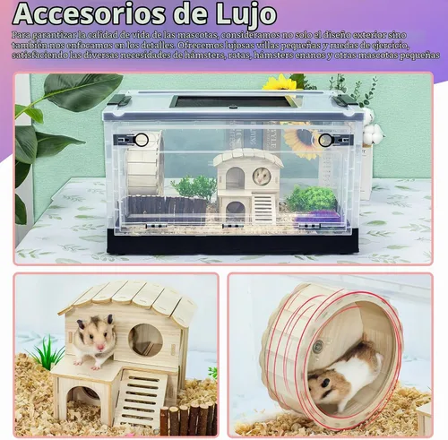 Vista 3 de Jaula para hámsters, grande, plegable, portátil, con visión de 360°, con ventilación, con villas, ruedas de ejercicio, para hámsters, ratas, Negro