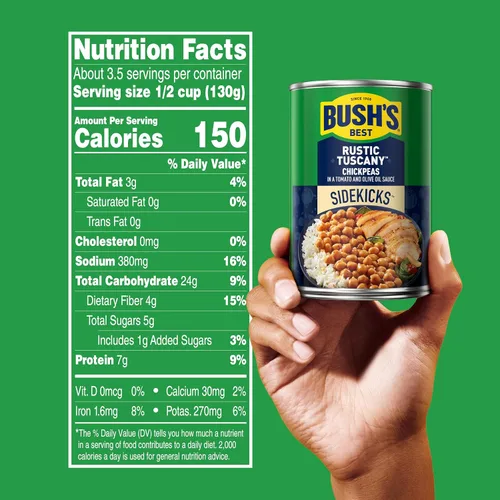 Vista 2 de BUSH'S BEST Latas de Garbanzos Rústicos de la Toscana de 15.5 oz, fuente de proteína vegetal y fibra, bajas en grasa, sin gluten, (paquete de 12)