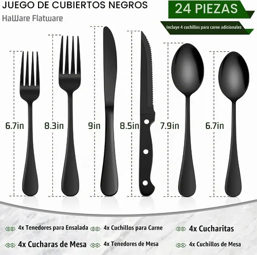 Vista 2 de HaWare Juego de cubiertos negros de 24 piezas con cuchillos para carne, juego de cubiertos de acero inoxidable, juego de cubiertos de grado