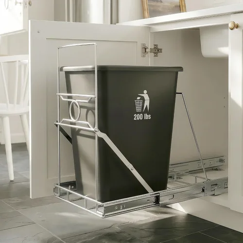 Vista 10 de Organizador de basura extraíble para armario de basura de acero inoxidable para armario de cocina, estante de basura deslizante debajo del fregadero
