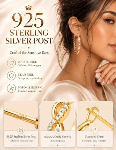 Vista 2 de Aretes de aro grandes de plata de ley 925 para mujer, 0.787/1.181/1.575 Circonita trenzada dorada