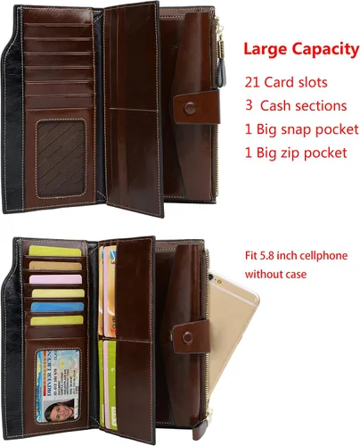 Vista 4 de YALUXE Cartera de piel auténtica para mujer con bloqueo RFID tarjetero múltiple con bolsillo para teléfono celular