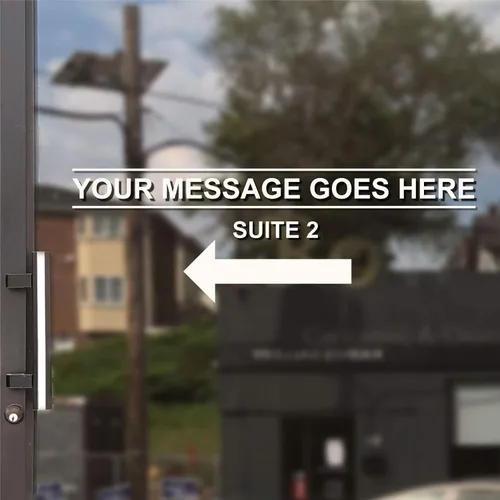 Vista 3 de Calcomanía simple personalizada para ventana de horario comercial, líneas de texto con una calcomanía en forma de flecha, letras personalizadas
