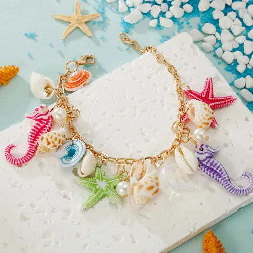 Vista 3 de Collar de estrella de mar de concha, pulsera de caracola, collar grueso de sirena, joyería de playa para mujer