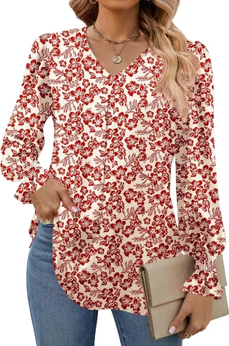 Vista 31 de Funlingo Blusas de mujer con mangas largas 2025, elegantes y casuales, con cuello en V, túnica suelta de gasa para el trabajo