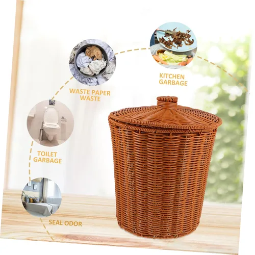 Vista 4 de YARNOW Cubo de basura de ratán con tapa de 9.2 x 9.2 x 11 pulgadas, cesta de plástico tejida para organización del hogar, cocina, baño, sala de estar
