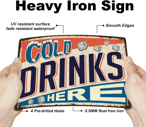Vista 3 de SUPERDANT Letreros de metal con texto en inglés "Cold Drinks Here", póster de metal con texto en inglés "Drink Shop", divertido cartel de comida