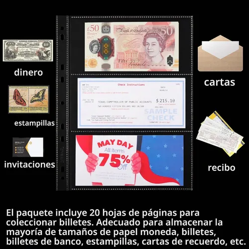 Vista 4 de 20 hojas de páginas de moneda para colección de papel moneda, 3 bolsillos, fundas para monedas/soporte para monedas, páginas de álbum para billetes