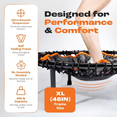 Vista 4 de MXL FIT Bounce PRO XL Bungee Rebounder - Mini trampolín de interior premium para adultos, rebote silencioso de bajo impacto, plegado medio con patas