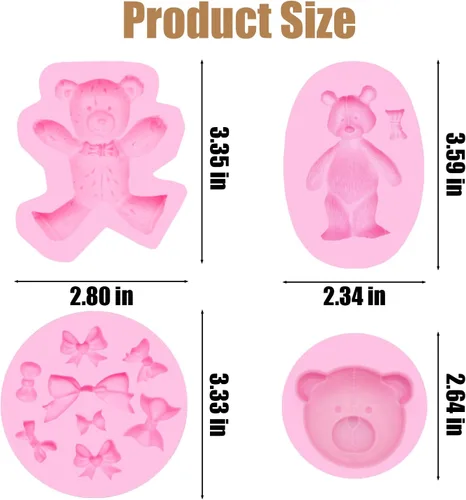 Vista 3 de Moldes de silicona de oso de chocolate, 4 piezas, moldes de silicona para osos de pasteles, moños para pasteles, decoración de pasteles, dulces
