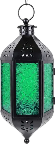 Vista 14 de Vela Lanterns Farol marroquí colgante con luces LED parpadeantes, decoración exótica decorativa de patio y porche, portavelas para interiores y Ámbar