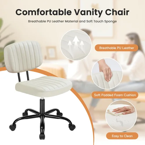 Vista 4 de Simple Deluxe Silla de escritorio pequeña, silla de oficina sin brazos con ruedas, de piel sintética, cómoda para computadora, giratoria, sin brazos