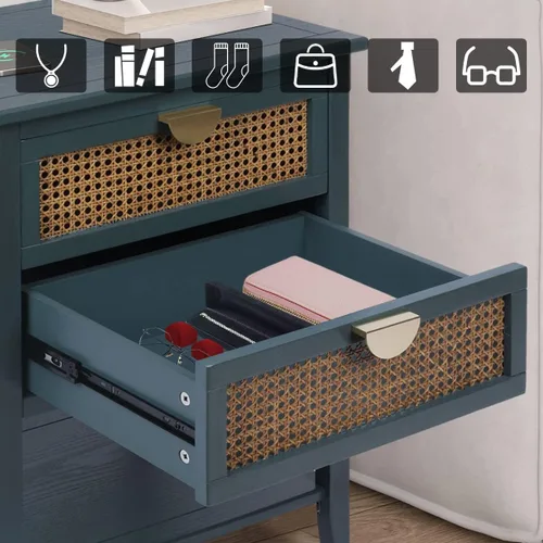 Vista 7 de Mesita de noche de ratán con 2 cajones con asas de metal para sala de estar, dormitorio, lugar pequeño, verde