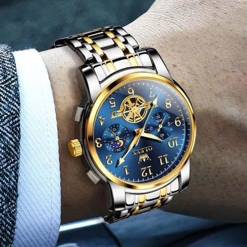 Vista 5 de OUPINKE Reloj para hombre analógico de cuarzo de acero inoxidable, impermeable, luminoso, fase lunar, cronógrafo, vestido de negocios de lujo