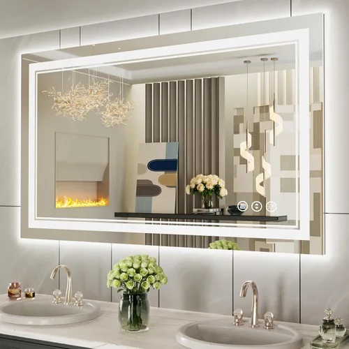 Vista 47 de Espejo de baño LED de 24 x 28 pulgadas, luz frontal y retroiluminada, antiniebla, regulable, espejo de tocador iluminado con memoria, espejo LED