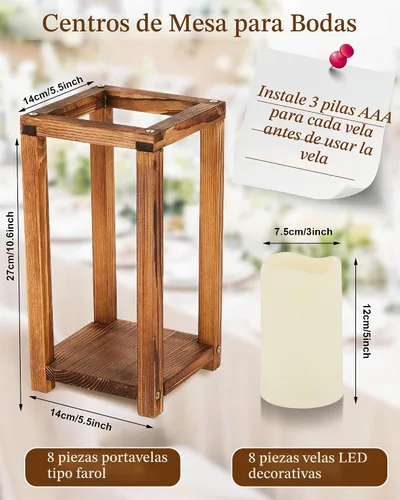 Vista 2 de Huquary 16 piezas de centro de mesa de madera para bodas, incluye 8 faroles de madera rústica y 8 portavelas sin llama para decoración de mesa