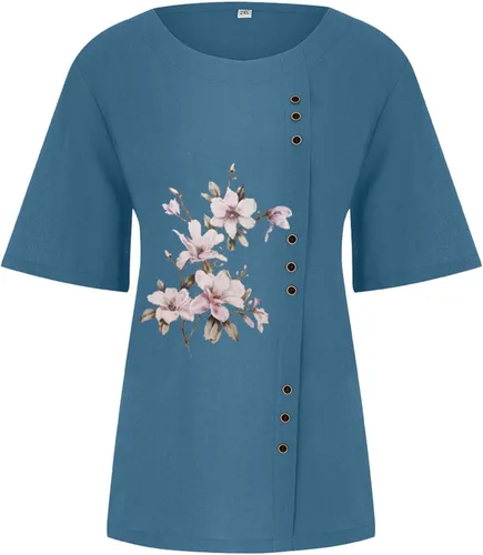Vista 2 de Camisetas casuales para mujer, de manga corta, cuello redondo, algodón, lino, casual, mariposa, verano