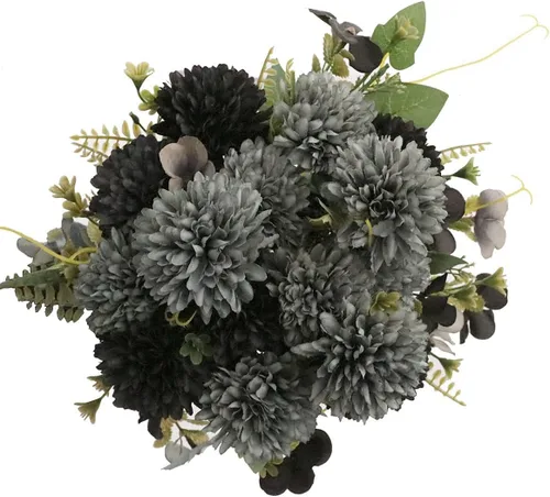 Vista 21 de Jim's Cabin Flores artificiales, 12 piezas de seda artificial, bola de crisantemo, hortensias, ramo de boda para decoración del hogar y cocina Negro