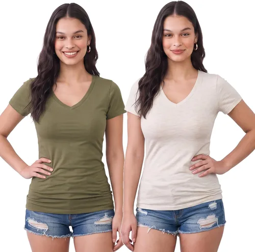 Vista 158 de Emmalise Camiseta de manga corta para mujer, cuello en V, tallas junior y plus
