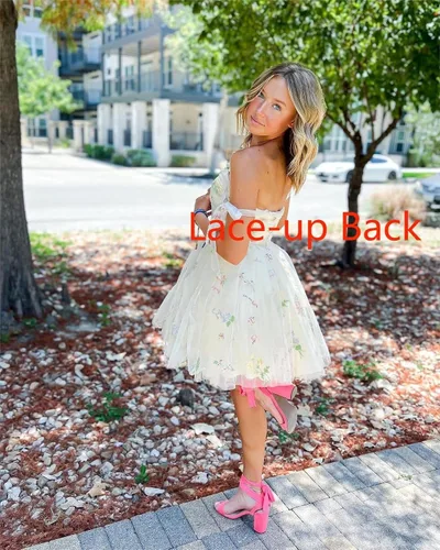Vista 4 de Fivsole Vestido corto con bordado de flores para adolescentes, vestido de tul con tirantes delgados, mini formal, cóctel, fiesta de noche, vestidos