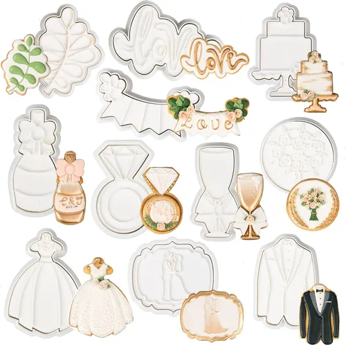Vista 27 de Juego de 11 cortadores de galletas de amor con sello 3D de ácido poliláctico (PLA) para cocina, pastel, vestido de boda, formas de anillo de amor