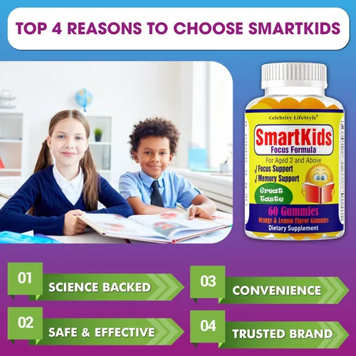 Vista 4 de SmartKids - Gomitas de refuerzo cerebral para niños y adolescentes, suplemento cerebral, vitaminas en gomitas para niños con enfoque cerebral, DHA