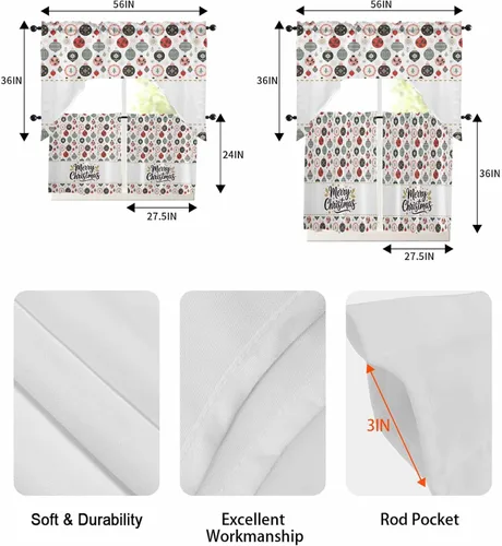 Vista 8 de Juego de 3 cortinas de cocina con festón de Navidad con cenefa, 3 piezas con bolsillo para barra, cortinas para dormitorio, sala de estar, baño