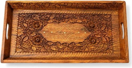 Vista 8 de Bandeja decorativa hecha a mano elegante de madera, bandeja rústica de granja, bandeja grande para servir de 20 x 12 pulgadas, bandeja de mesa
