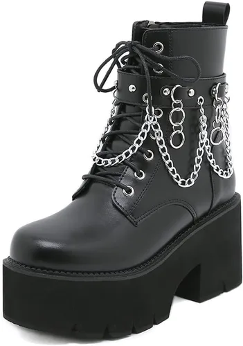 Vista 11 de mikarka Platform Boots for Women - Womens Combat Boots with Chain Design 1-negro
