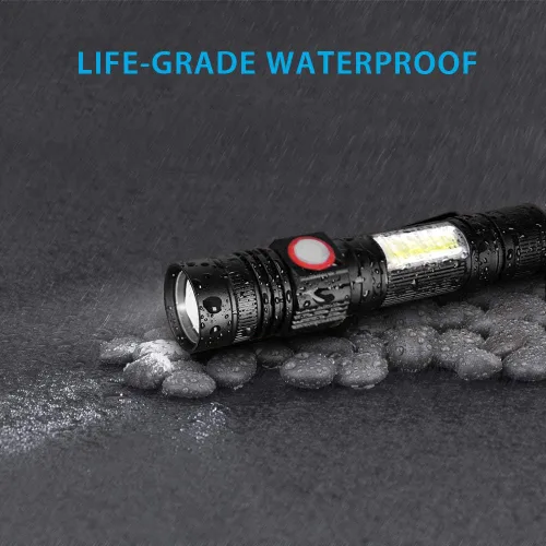 Vista 6 de Linterna magnética LED recargable, súper brillante con luz de trabajo COB, impermeable, 4 modos, linternas tácticas de bolsillo para acampar al aire