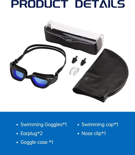 Vista 7 de Gafas de natación, gafas para adultos con gorro de natación, clip de nariz y tapones para los oídos, protección UV, lente antivaho y funda