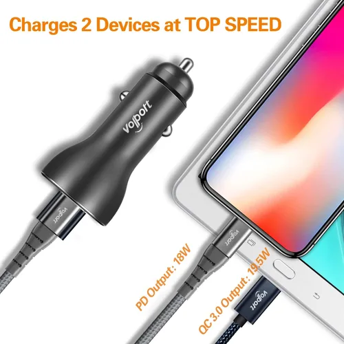Vista 3 de PD Fast Charging Car Charger with MFi Certified USB C Lightning Cable Carplay Cord 3.3ft, VOLPORT Auto Quick Adapter 39W Car Charger Power Delivery