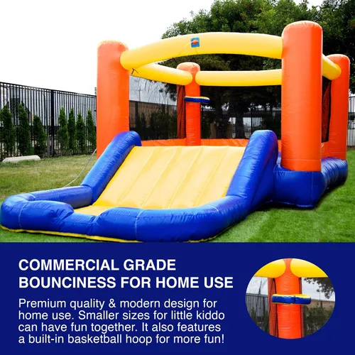 Vista 5 de JumpOrange Tobogán acuático naranja pequeño con piscina para niños pequeños y niños pequeños (con soplador), salto y tobogán, aro de baloncesto