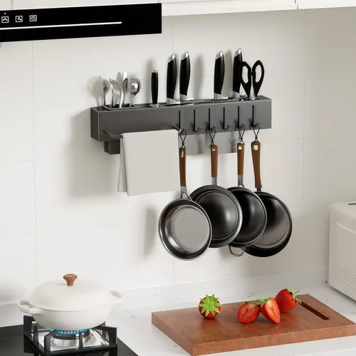 Vista 8 de Colgador de ollas y sartenes de acero inoxidable,Estante para ollas montado en la pared, riel colgante de cocina con ganchos en S, sartenes