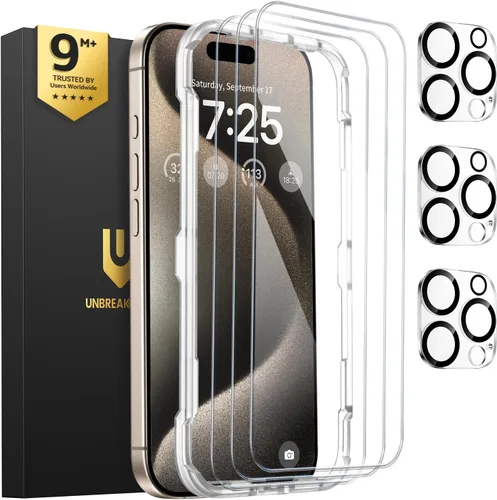 Vista 18 de UNBREAKcable Paquete de 3 protectores de pantalla para iPhone 15, 3 de vidrio templado + 3 protectores para lente de cámara, dureza 9H, claridad HD