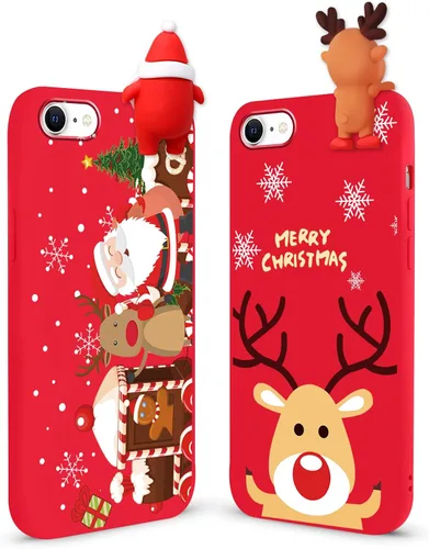 Vista 23 de Pack de 2 Fundas Lindas de Navidad para iPhone 7/8 / SE 2020/2022 4.7", Oso Rojo, Alce, Muñeca 3D, Muñeco de Nieve, Patrón Feliz Navidad, Silicona