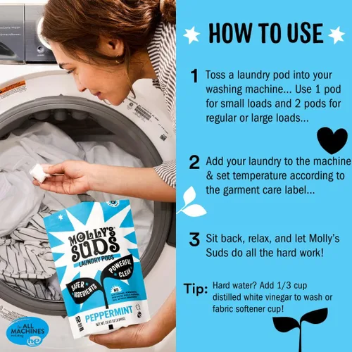 Vista 5 de Molly's Suds Cápsulas de detergente para ropa Detergente limpio para pieles sensibles Ultra concentrado y combate las manchas Menta - 60