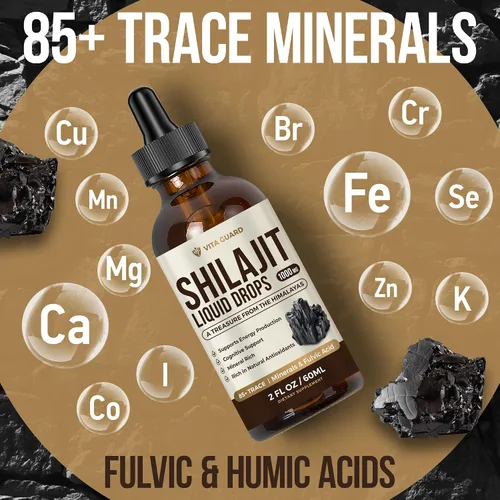 Vista 4 de Gotas líquidas Shilajit del Himalaya, 1000 mg de energía e inmunidad con más de 85 oligoelementos y ácido fúlvico, suplemento de fuerza, vitalidad